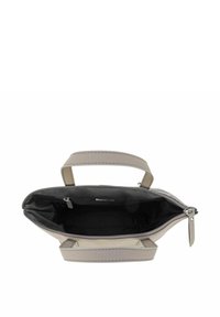 Borsa in pelle grigia con chiusura a zip, dotata di due manici corti, texture liscia e foderata internamente di nero.