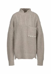 Beige gestrickter Pullover mit hohem Kragen, ausgestattet mit einer Fronttasche und einem strukturierten Rippenmuster. Lockere Passform mit langen Ärmeln.
