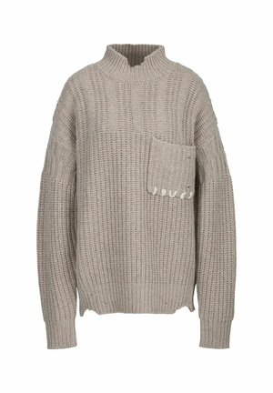 Beige gestrickter Pullover mit hohem Kragen, ausgestattet mit einer Fronttasche und einem strukturierten Rippenmuster. Lockere Passform mit langen Ärmeln.