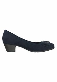 Chaussure pour femme en suede bleu marine à talon bas, avec boucle décorative sur l'avant et talon empilé, vue de côté sur fond blanc.