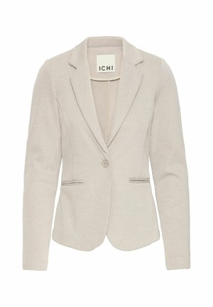 Beiger Blazer mit taillierter Silhouette, einreihigem Knopfverschluss, Reverskragen und zwei Vorderseiten-Taschen. Strukturierter Stoff mit dezentem Muster.