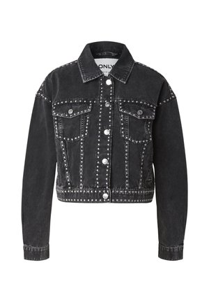 Giacca di jeans nera corta con dettagli in borchie argento, chiusura frontale con bottoni, due tasche a pattina sul petto e maniche lunghe.