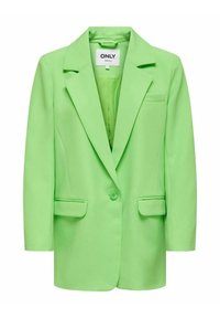 Blazer verde hecho de tejido suave con cierre de un solo botón, solapas con muesca, dos bolsillos frontales y un bolsillo en el pecho para un detalle adicional.
