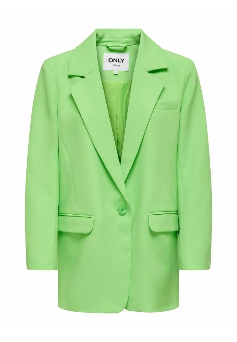 Blazer verde hecho de tejido suave con cierre de un solo botón, solapas con muesca, dos bolsillos frontales y un bolsillo en el pecho para un detalle adicional.