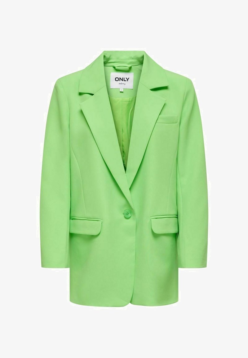 Blazer verde hecho de tejido suave con cierre de un solo botón, solapas con muesca, dos bolsillos frontales y un bolsillo en el pecho para un detalle adicional.