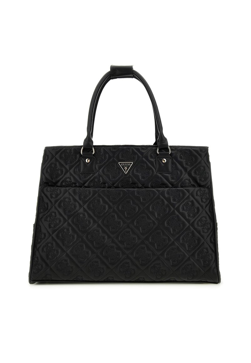 Borsa a tracolla nera trapuntata realizzata in materiale sintetico. Presenta doppi manici, dettaglio del logo e motivi a diamante in rilievo su tutta la superficie.