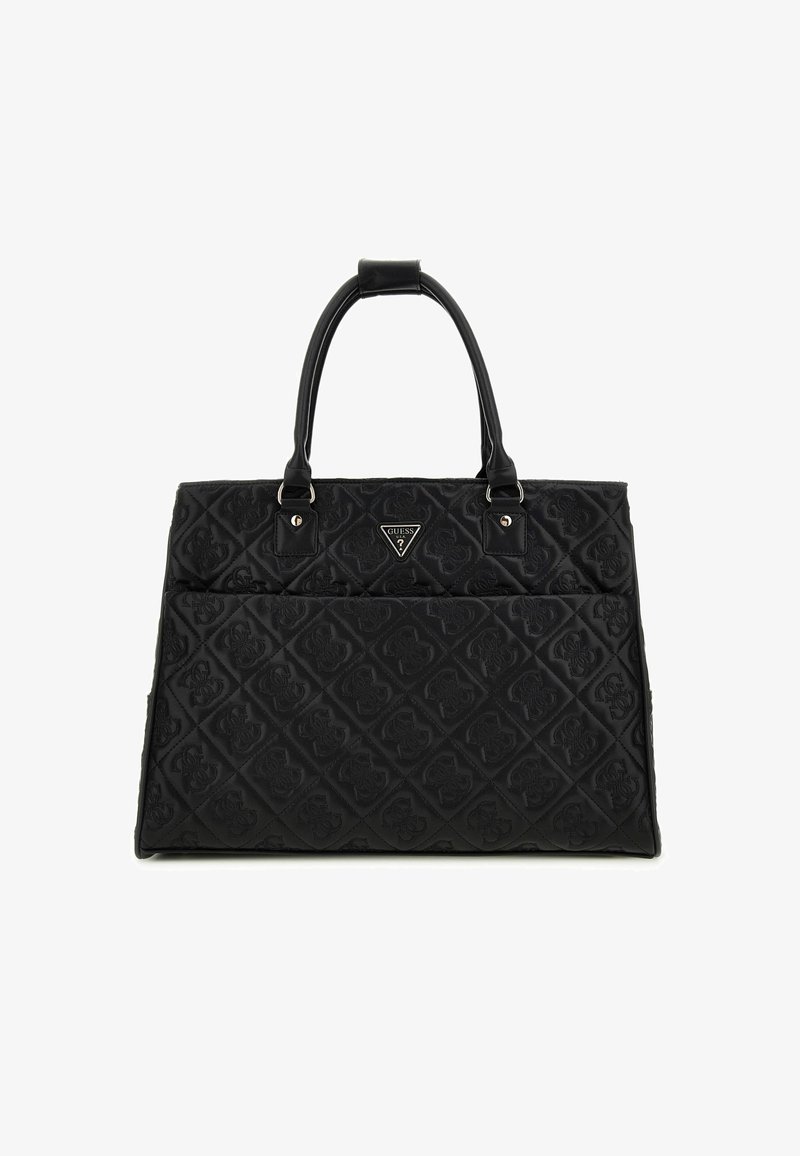 Czarna, pikowana torba tote wykonana z materiału syntetycznego. Posiada podwójne uchwyty, detal z logo oraz wytłaczane wzory w kształcie diamentów na całej powierzchni.