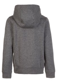 Felpa con cappuccio grigio scuro a maniche lunghe vista dal retro, con un grande cappuccio attaccato e polsini e fondo a coste.