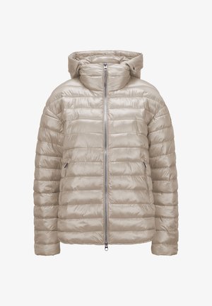 Beige Steppjacke mit hohem Kragen, horizontal gestepptem Muster, Frontreißverschluss und Seitentaschen. Hergestellt aus einem glänzenden, leichten Material.