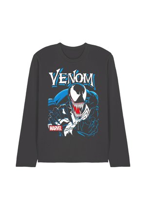 Black long-sleeve shirt with graphic of Venom showing sharp teeth, claws, white spider symbol, and Marvel logo below text "Venom" on chest.