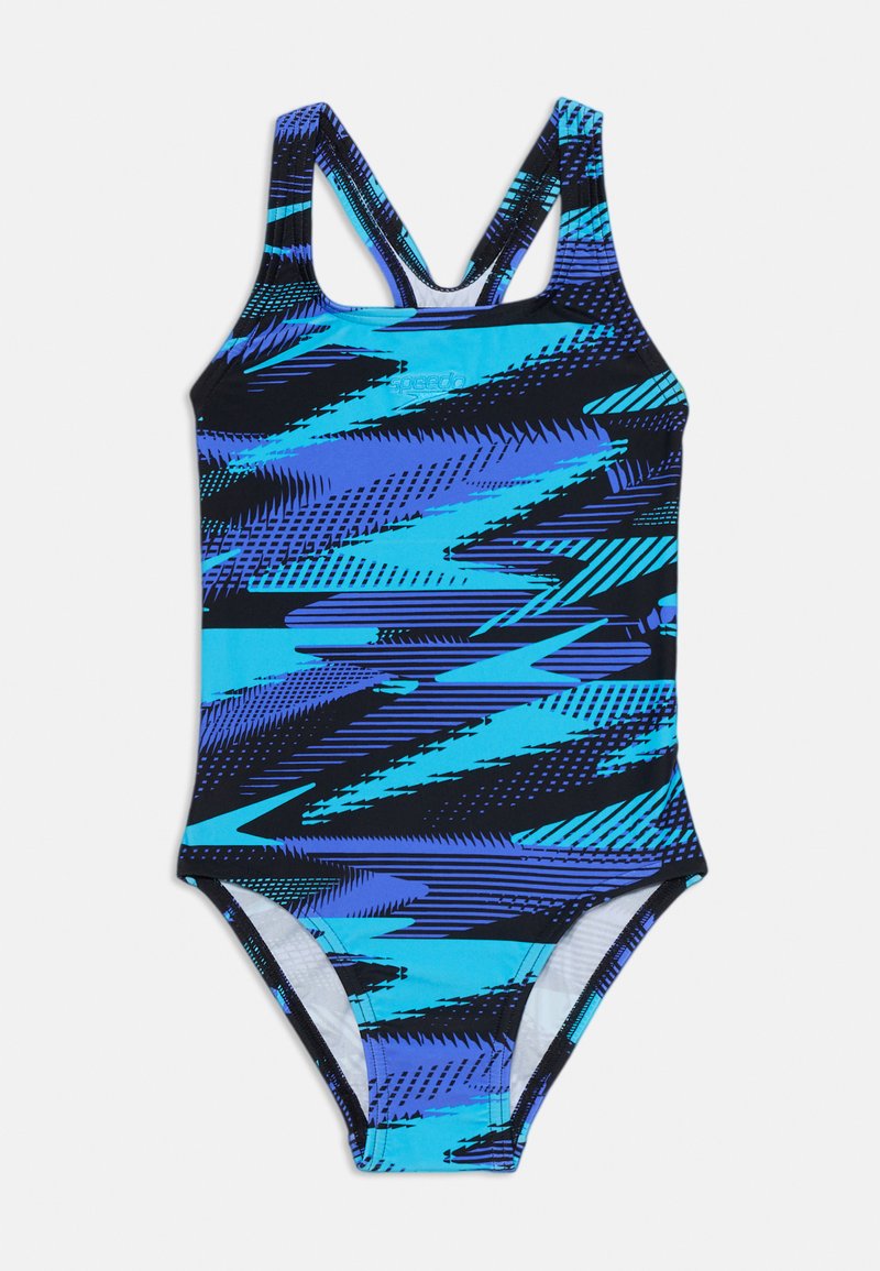 Fato de banho com um padrão abstrato vibrante em azul e preto, com linhas em ziguezague. Feito de um tecido apropriado para banho, desenhado com um estilo de costas nadadora.