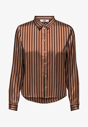 Camisa marrón de satén con mangas largas y botones, con rayas verticales negras, cuello puntiagudo y dobladillo redondeado.