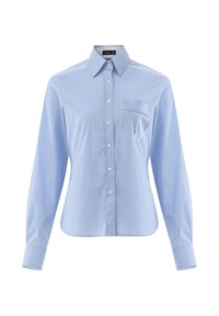 Light blue button-up shirt with a collar, long sleeves, a front pocket, and vertical stripes. Made of smooth fabric with subtle texture.