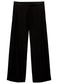 Pantalon noir à jambes larges avec une texture lisse, doté d'une ceinture plate, de plis nets et sans détails métalliques visibles.