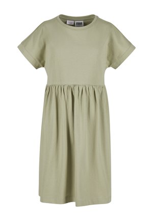 Robe à manches courtes en coton vert clair avec un col rond et une taille froncée, présentant une coupe décontractée et un ourlet à hauteur des genoux.