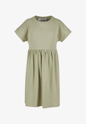 Kjole med korte ærmer i lysegrøn bomuld med rund halsudskæring og smocktalje, der har en afslappet pasform og knælængde.