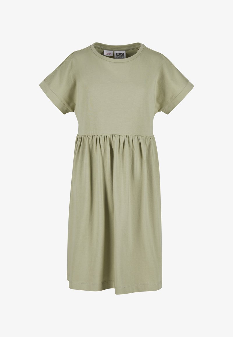 Robe à manches courtes en coton vert clair avec un col rond et une taille froncée, présentant une coupe décontractée et un ourlet à hauteur des genoux.