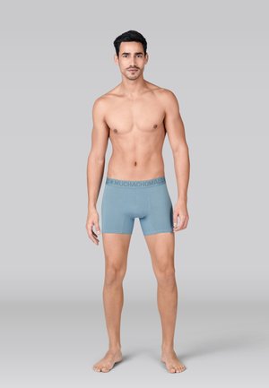 Boxer corti azzurri con una texture morbida, caratterizzati da una cintura grigia con marchio. Il modello è in piedi a piedi nudi, mostrando il capo.