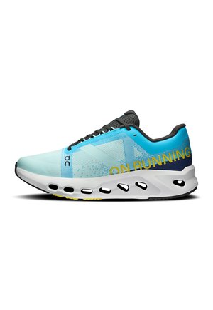 Light blue and turquoise running shoe with black laces, white cushioned sole with oval cutouts, and "ON RUNNING" in yellow on the side.