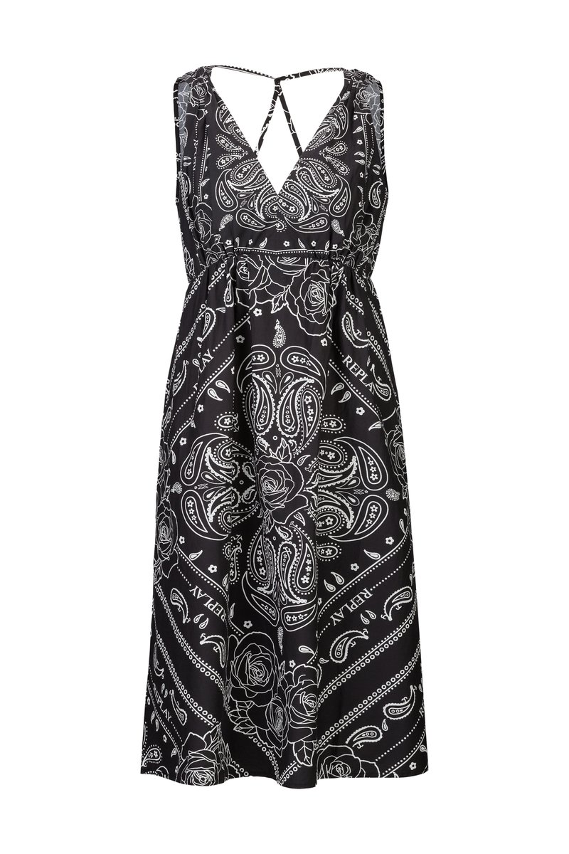 Schwarzes Kleid mit weißen Paisley- und Rosenmustern, mit V-Ausschnitt, überkreuzten Trägern und elastischem Bund für eine lockere Passform.