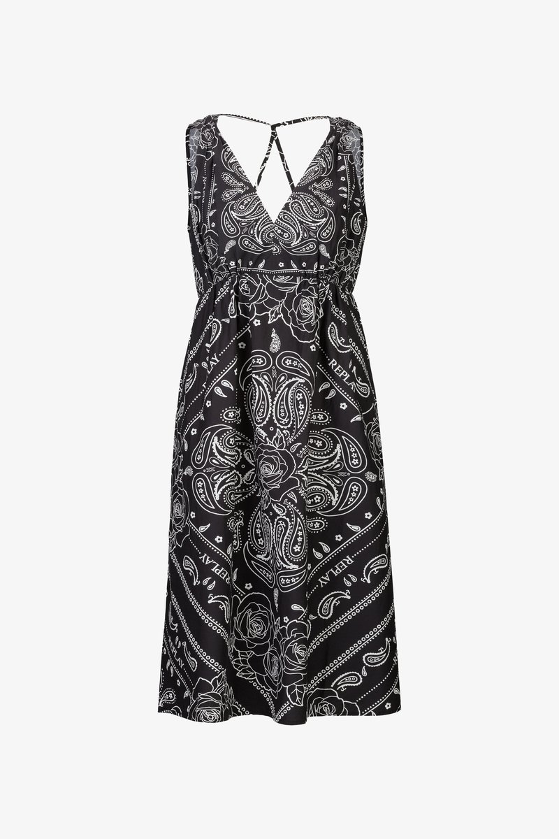 Schwarzes Kleid mit weißen Paisley- und Rosenmustern, mit V-Ausschnitt, überkreuzten Trägern und elastischem Bund für eine lockere Passform.