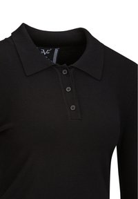 Schwarzes Langarm-Polo-Shirt mit Kragen, Knopfleiste mit vier Knöpfen und strukturiertem Stoff. Verfügt über ein dezentes Logotag im Kragen.
