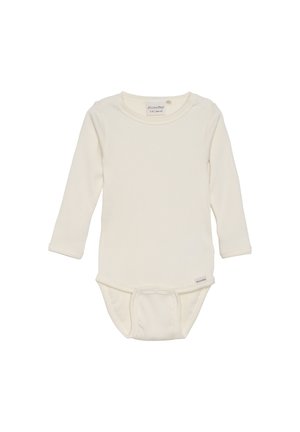 Langärmliger, cremefarbener Baby-Bodysuit aus Rippmaterial mit Druckknöpfen am Boden und einem runden Halsausschnitt.