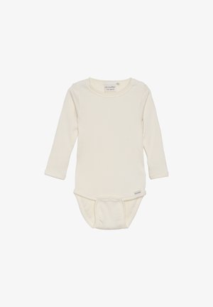 Long-sleeve cream-colored baby bodysuit made of ribbed material with snap closures at the bottom and a round neckline.