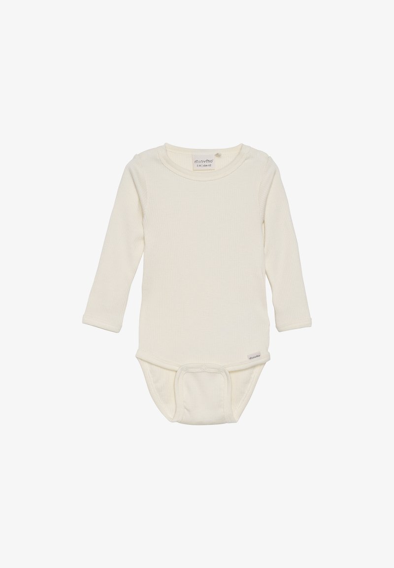 Romper met lange mouwen in crème-kleurige ribstof, voorzien van drukknoopsluitingen aan de onderkant en een ronde halslijn.