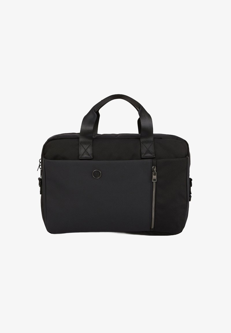 Sacoche d'ordinateur portable noir en nylon texturé, avec deux poignées supérieures, une poche zippée et un panneau avant plat avec un logo circulaire.