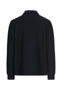 Dark navy quilted jacket with a collared neckline, long sleeves, and a textured pattern. No visible hardware or additional accents.
