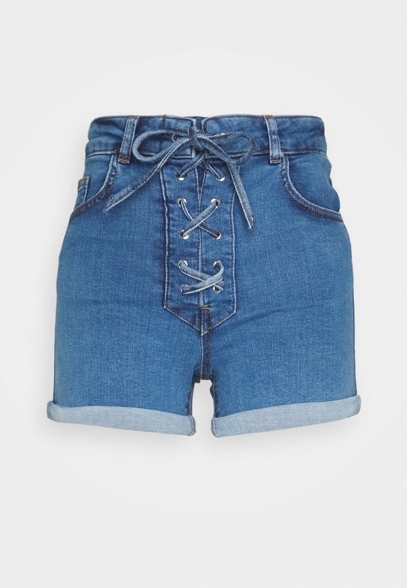 Farkkuhousut, joissa on korkea vyötärö, nauhakiinnitys edessä, vaaleansiniset ja tummansiniset värit kontrastina, käännetty helma, sekä viisi taskua.