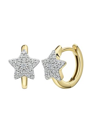 Orecchini a cerchio d'oro con un design a forma di stella. La stella presenta una superficie di strass chiari e scintillanti, creando un effetto luccicante.