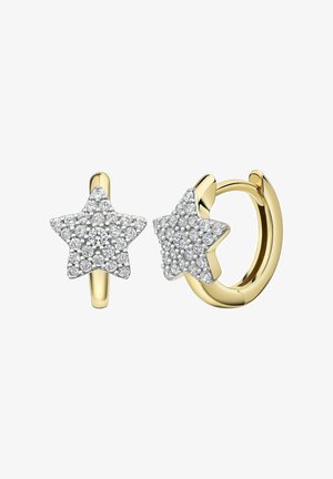 Boucles d'oreilles créoles en or avec un design en forme d'étoile. L'étoile est ornée d'une surface de strass clairs et étincelants, créant un effet scintillant.