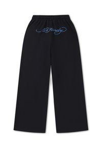 Sorte vidde-bukser med elastisk talje og lyseblå "Ed Hardy" broderet tekst midt på forreste taljebånd.
