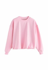Svetloružová mikina s dlhými rukávmi, okrúhlym výstrihom, spustenými ramenami a mierne nazbieraným lemom, vyrobená z hladkého, mäkkého materiálu.
