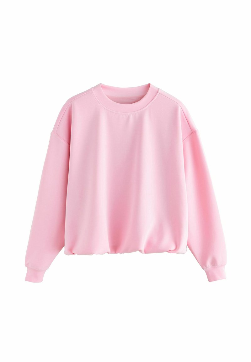 Svetloružová mikina s dlhými rukávmi, okrúhlym výstrihom, spustenými ramenami a mierne nazbieraným lemom, vyrobená z hladkého, mäkkého materiálu.
