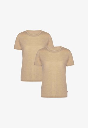 Camisetas de manga corta beige, cuello redondo, tejido ligero, textura suave. Se exhiben dos piezas, diseño minimalista, sin logotipos o patrones visibles.