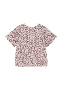 Blommig kortärmad blus i ljusrosa bomull, med ett vertikalt mönster av blommor med gröna stjälkar och detalj med nyckelhål bak.