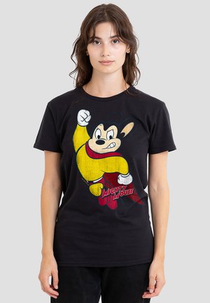 Schwarzes Baumwoll-T-Shirt mit einem bunten Grafikdruck einer Maus in einem gelben Outfit, rotem Umhang und dem Text "Mighty Mouse" am unteren Rand.