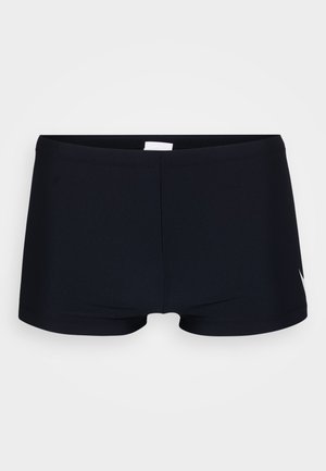 Black swim shorts made of smooth, stretchy material, featuring a low-rise design and a white logo accent on the left side.
