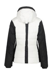 Gevoerde jas met een witte voorkant en zwarte mouwen, voorzien van een capuchon en verticale naden. Het materiaal lijkt glad en geïsoleerd.