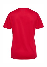 T-shirt rossa a maniche corte, tessuto dalla texture liscia, scollo a girocollo, senza motivi o dettagli, colore uniforme su tutta la superficie. Vista posteriore mostrata.