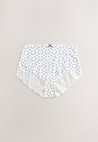 White women's underwear with purple polka dots, a small purple bow at the waistband, and white lace trim on the leg openings.