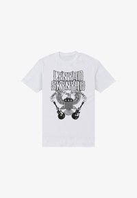 Camiseta de algodón blanca con un diseño gráfico negro que incluye el texto "Lynyrd Skynyrd", un águila y dos guitarras eléctricas.
