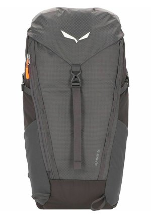 Gray backpack featuring a textured fabric, adjustable straps, a top flap, and side pockets with an orange zipper detail.