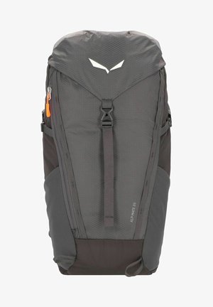 Gray backpack featuring a textured fabric, adjustable straps, a top flap, and side pockets with an orange zipper detail.