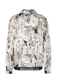 Weißes Bluse mit einem schwarz-grauen Stadtansicht-Druck, langen Ärmeln, Kragen und einem leicht geschwungenen Saum mit einem transparenten unteren Teil.