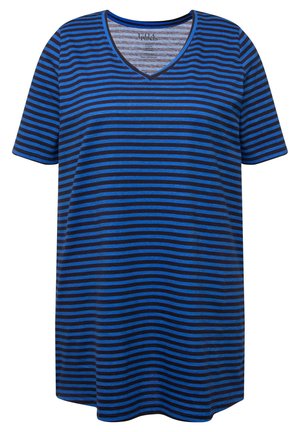 Blau- und navyblau gestreiftes T-Shirt, kurze Ärmel, V-Ausschnitt, weicher Stoff, gerader Schnitt, lässiger Stil, mit gleichmäßigen horizontalen Streifen.
