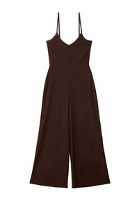 Combinaison brune avec fines bretelles, décolleté en v, corsage structuré et jambes larges et fluides. Fabriquée à partir d'un tissu doux et texturé.